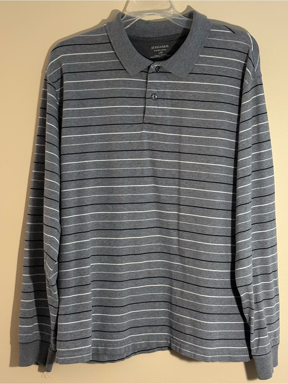 St. John’s Bay Grey Black White Striped LS Polo Shirt Size-L